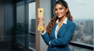 Woman in a blue blazer standing by a window and holding a tall gold trophy with a city skyline behind her, smiling proudly, Global Recognition Awards.