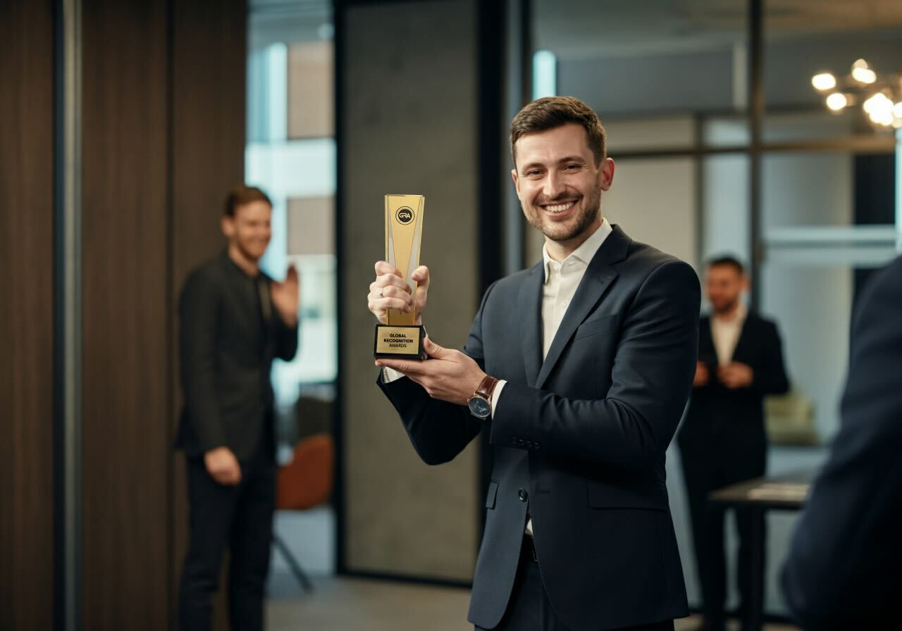 Man in a dark suit proudly displaying a sleek gold trophy in a modern office while colleagues applaud in the background, small business awards.